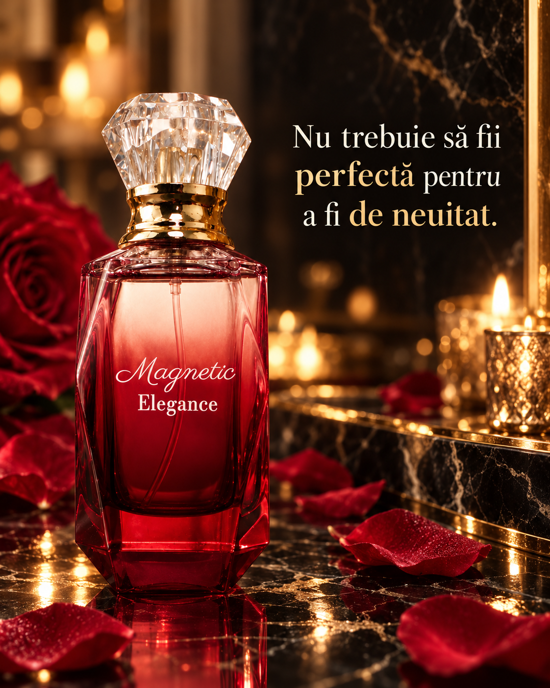 Magnetic Elegance extrait de parfum — design cu citat în limba română