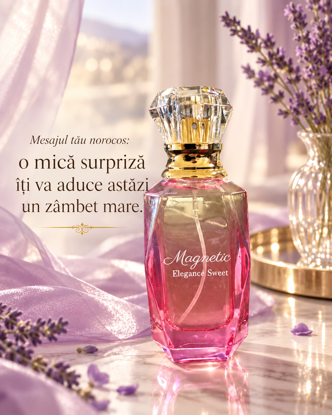 Magnetic Elegance extrait de parfum — design cu citat în limba română