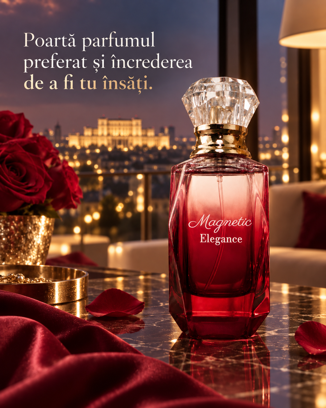 Magnetic Elegance extrait de parfum — design cu citat în limba română