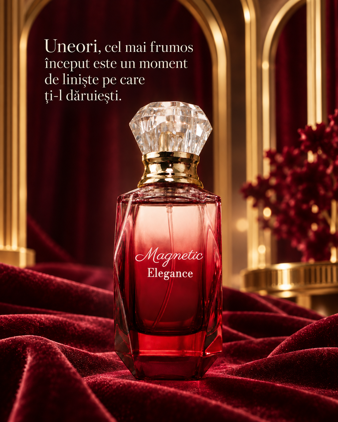 Magnetic Elegance extrait de parfum — design cu citat în limba română