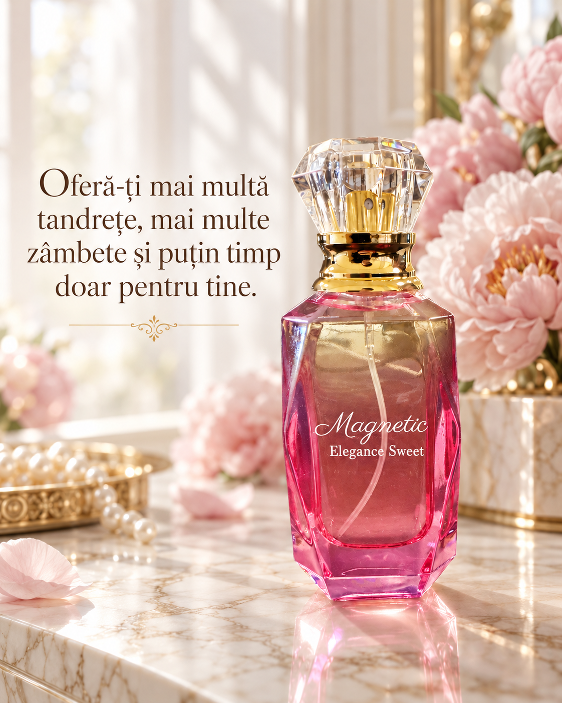 Magnetic Elegance extrait de parfum — design cu citat în limba română