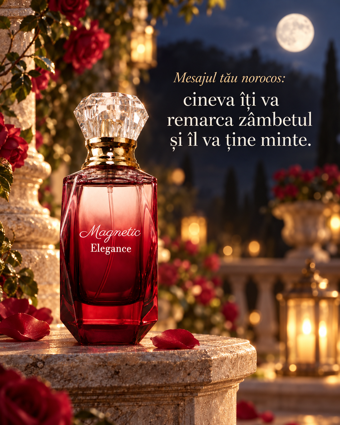 Magnetic Elegance extrait de parfum — design cu citat în limba română