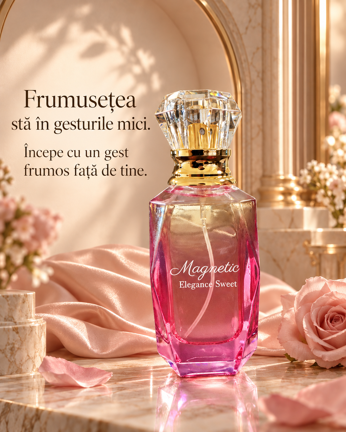 Magnetic Elegance extrait de parfum — design cu citat în limba română