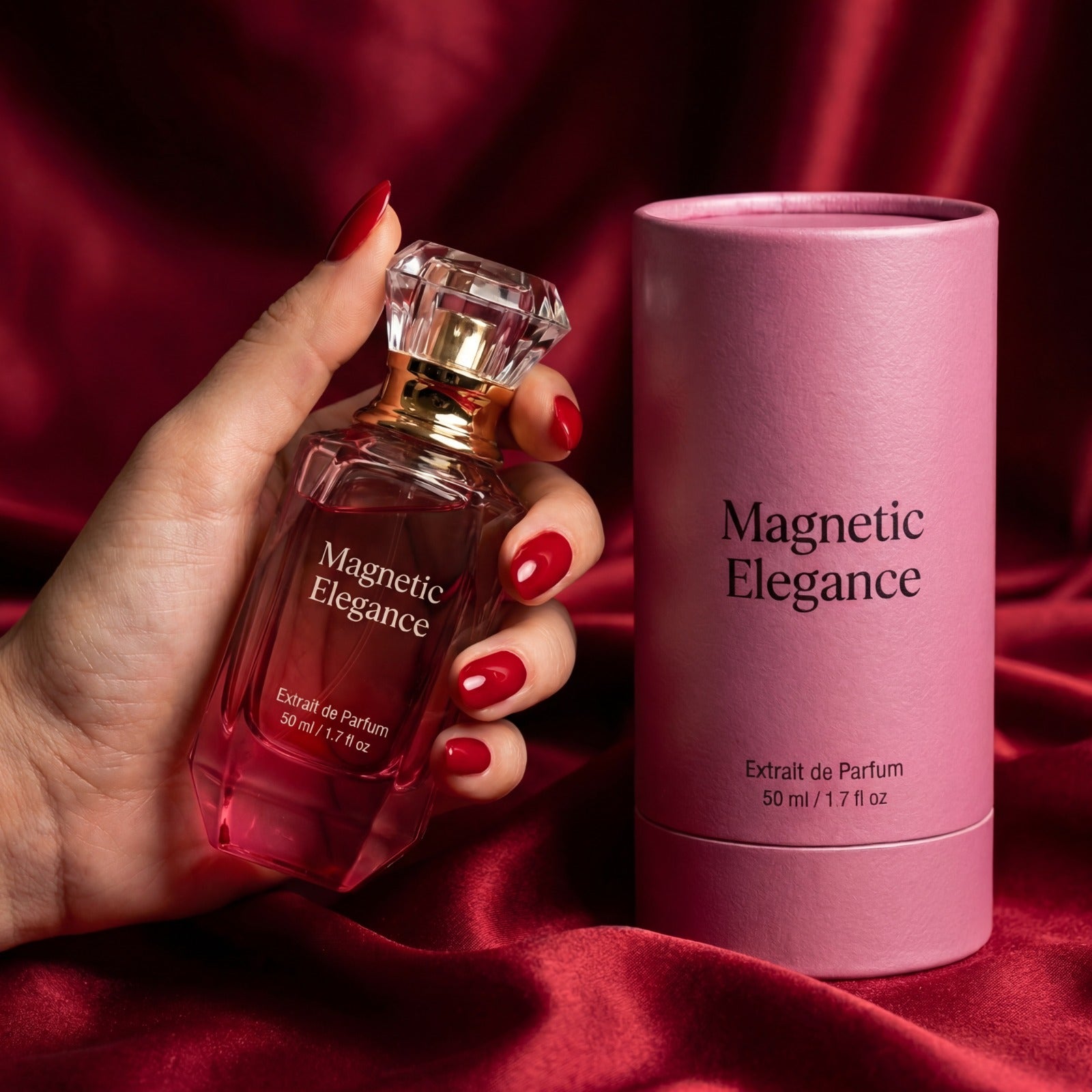 Hand with red manicure holding the Magnetic Elegance Extrait de Parfum bottle on red silk beside its presentation box