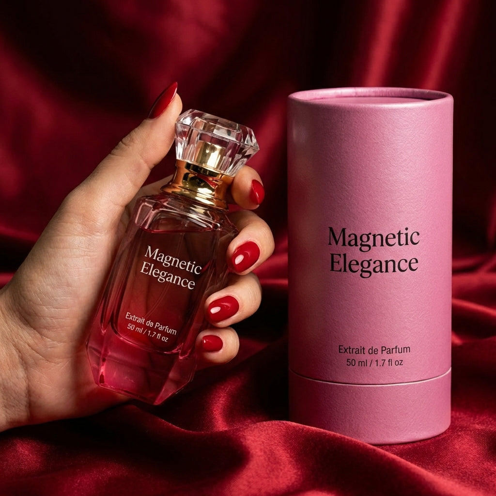 Woman's hand holding the Magnetic Elegance red Extrait de Parfum bottle beside its pink box on red silk