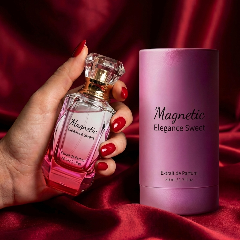 Woman's hand holding the Magnetic Elegance Sweet pink perfume bottle beside its pink presentation box on red silk